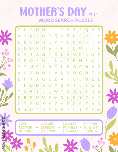 Mother's Day word search puzzle game on light floral background worksheet. May printable activities for learning and development. Educational game for children and adults, learning English vocabulary