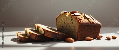 Sliced loaf of banana bread with almonds