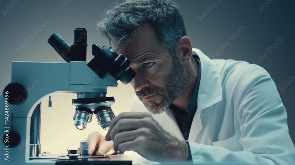 A focused scientist meticulously examines a sample under a microscope, engrossed in scientific research. A focused scientist meticulously examines a sample under a microscope, engrossed in scientific research.