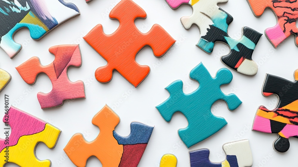 Obraz premium A collection of vibrant jigsaw puzzle pieces with unique shapes placed randomly on a bright white surface