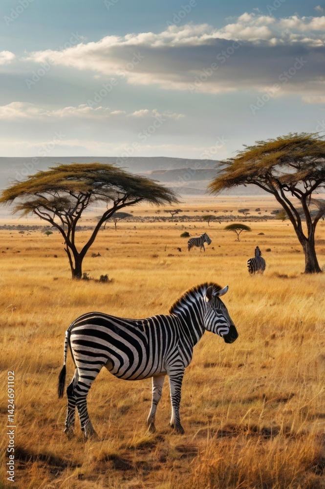 Naklejka premium Zebra stands in an African savanna landscape at dawn.