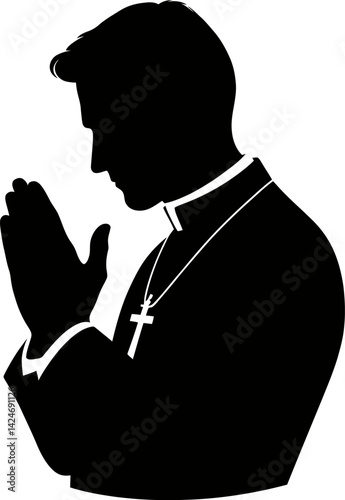 Silhouette of a Priest in Prayer A Black and White Illustration