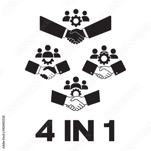 Collaborative Teamwork Silhouette with Handshakes and Gears 4 in 1 Concept