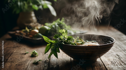 Aromatic noodle soup served in a rustic bowl on a wooden table, garnished with fresh mint and steaming, complemented by a background of greens.
