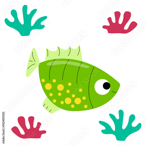 Green tropical fish with coral. Cartoon character.