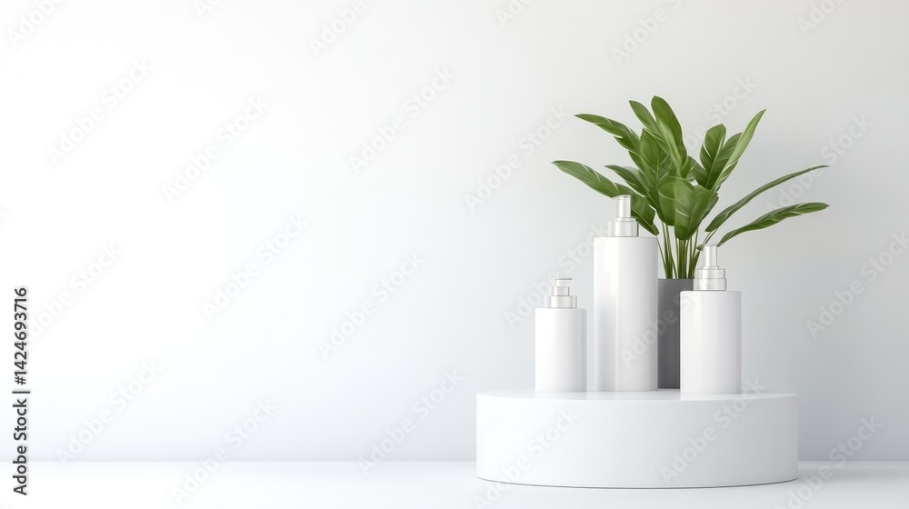Minimalist display of white containers and a plant on a round white pedestal against a white wall Minimalist display of white containers and a plant on a round white pedestal against a white wall
