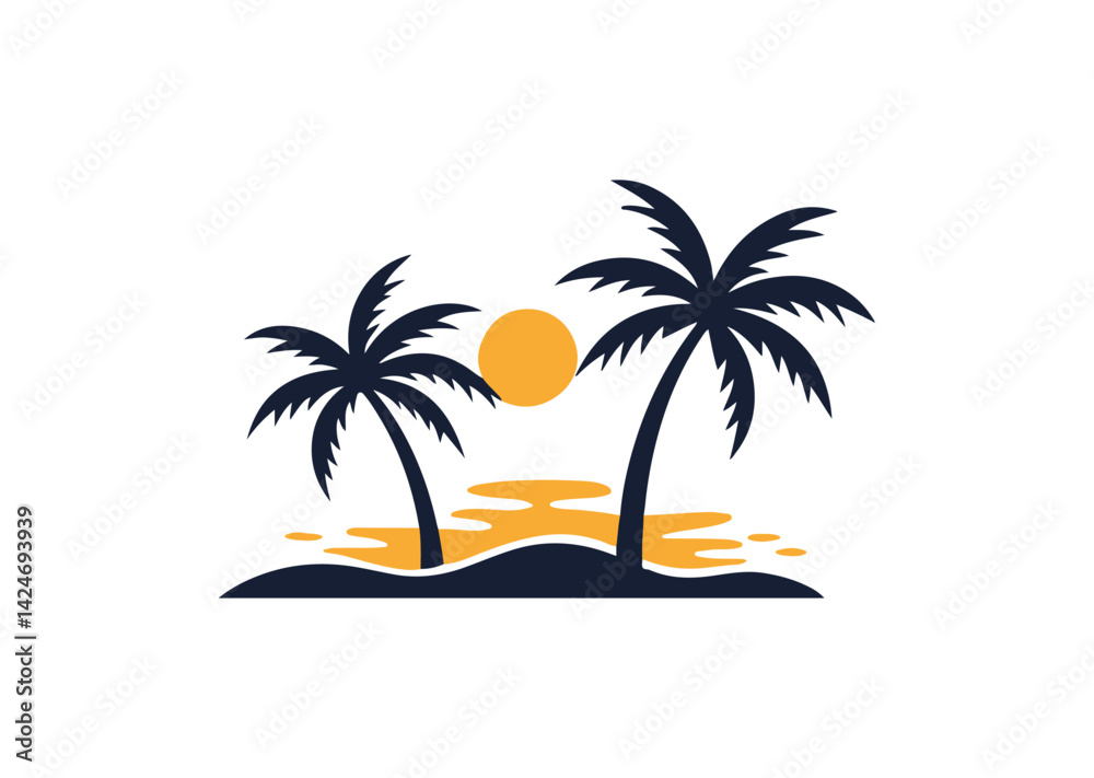 Palm tree silhouettes sign on sun beach, sunset on island, two palm and sun Icon Design Palm tree silhouettes sign on sun beach, sunset on island, two palm and sun Icon Design
