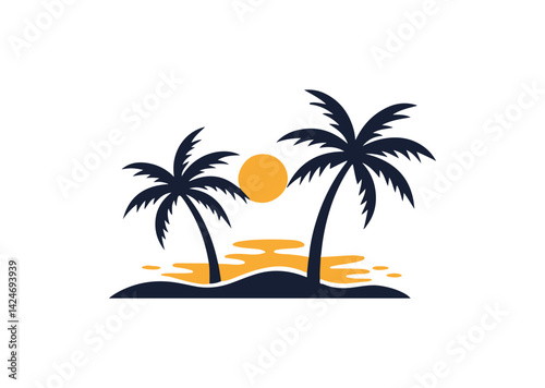 Palm tree silhouettes sign on sun beach, sunset on island, two palm and sun Icon Design