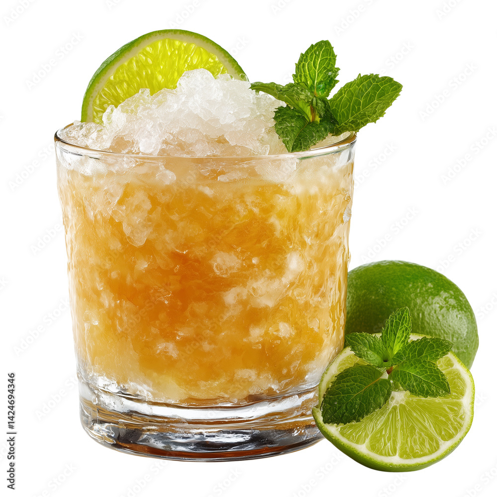Mai Tai cocktail with crushed ice, lime and mint garnish