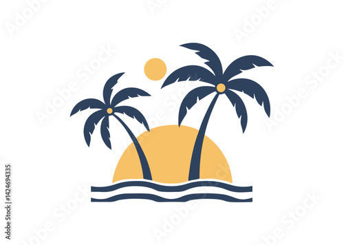 Palm tree silhouettes sign on sun beach, sunset on island, two palm and sun Icon Design