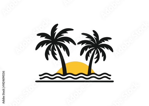 Palm tree silhouettes sign on sun beach, sunset on island, two palm and sun Icon Design