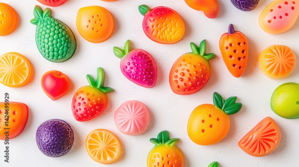 A set of squishy stress-relief toys shaped like fruits with vibrant colors A set of squishy stress-relief toys shaped like fruits with vibrant colors