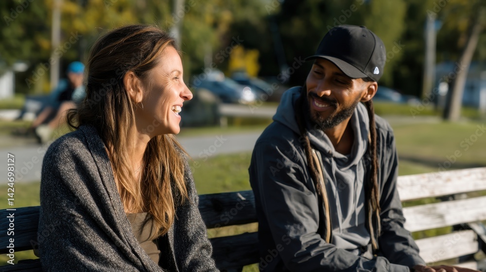Fototapeta premium Two friends sharing a joyful conversation and laughter while sitting on a park bench outdoors in warm sunlight