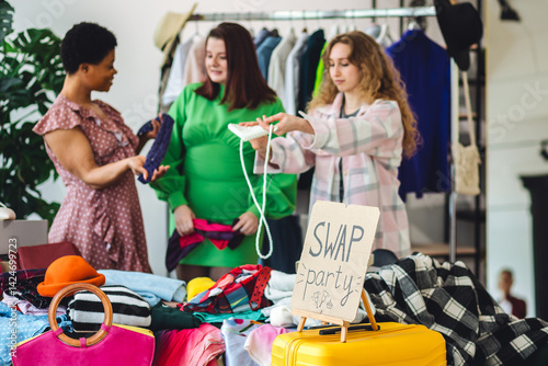 Foto Students, young attractive people at home swap party, trying vintage clothes, bargain hunting