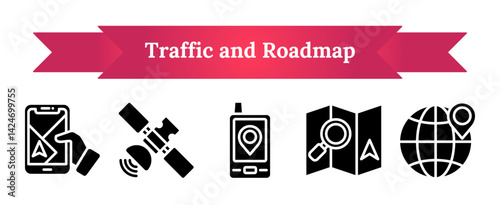 Navigation - traffic and roadmap icon sheet vector glyph