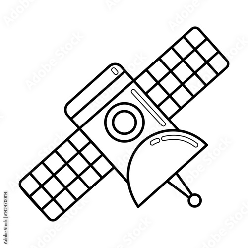 Outline cartoon space satellite. Cosmos probe. Baby contour vector illustration of sputnik. Galaxy and planet research apparatus. Isolated black and white illustration on white background.