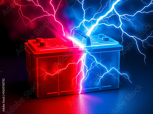 A dynamic battery image split into red and blue halves, emitting vibrant lightning bolts. The contrasting colors create an electrifying effect, symbolizing power and energy.