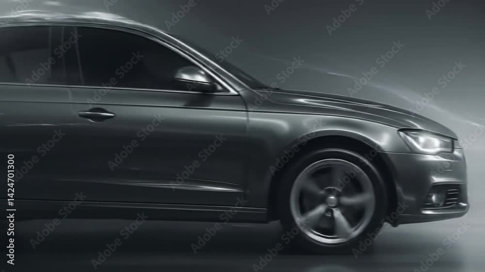 Gray Modern Car in Motion: Speed and Dynamic Design on Dark Background Gray Modern Car in Motion: Speed and Dynamic Design on Dark Background