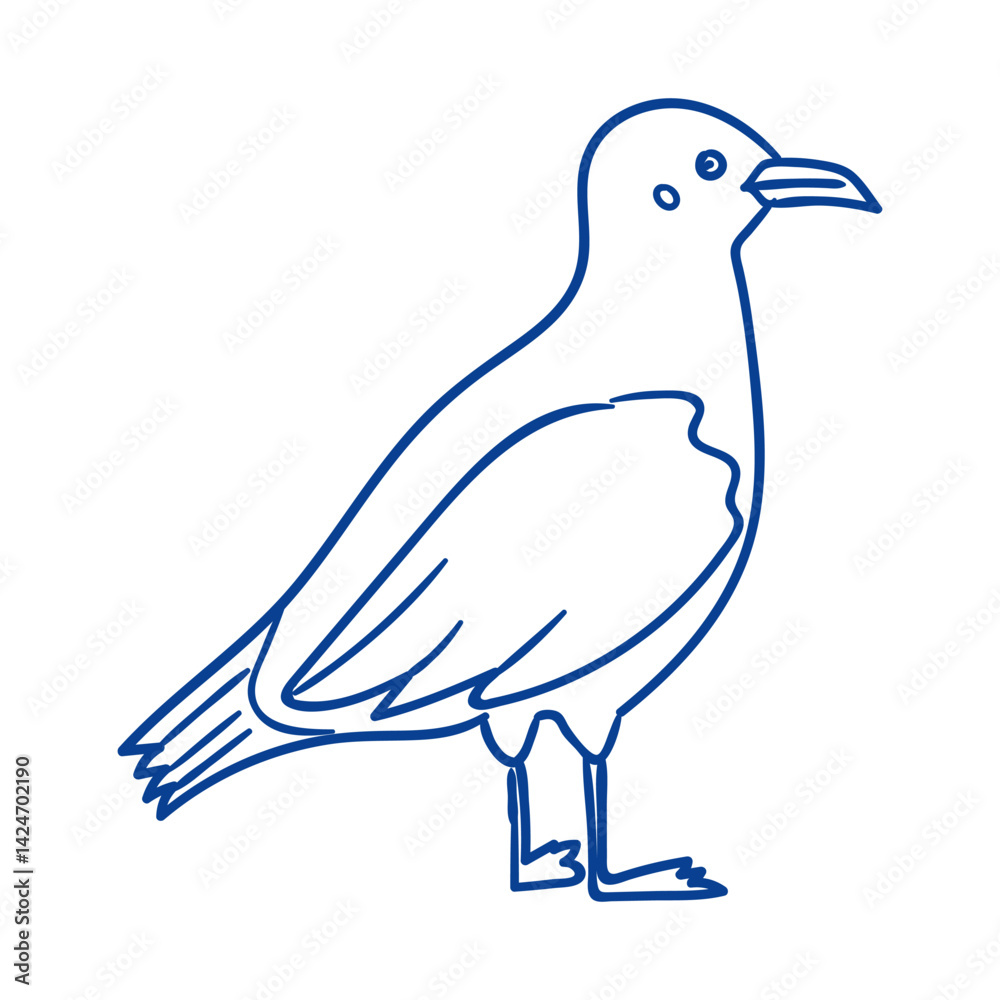 Fototapeta premium Simple blue outline of a bird standing on one leg drawn on a white background