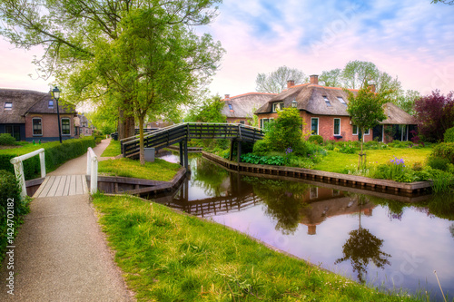 Evening at a Famous Canal in Beautiful Giethoorn, Netherlands