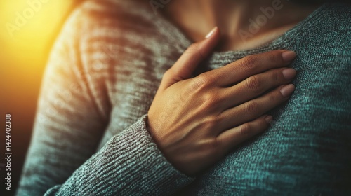 Woman Hand on Chest Feeling Warmth Comfort Peaceful Tenderness Serene Soulful Hopeful Empathy Care Gentle Touch Sensitive Skin Soft Sweater Close Up Detailed Image body part grey teal tone mood calm  