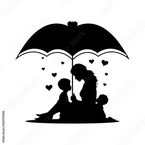 Mother and Children Under Umbrella Silhouette