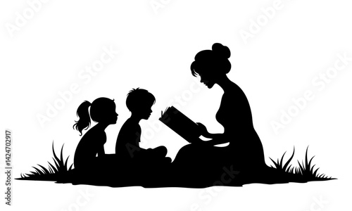 Mother Reading to Children Silhouette