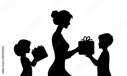 Mother Giving Gifts to Children Silhouette