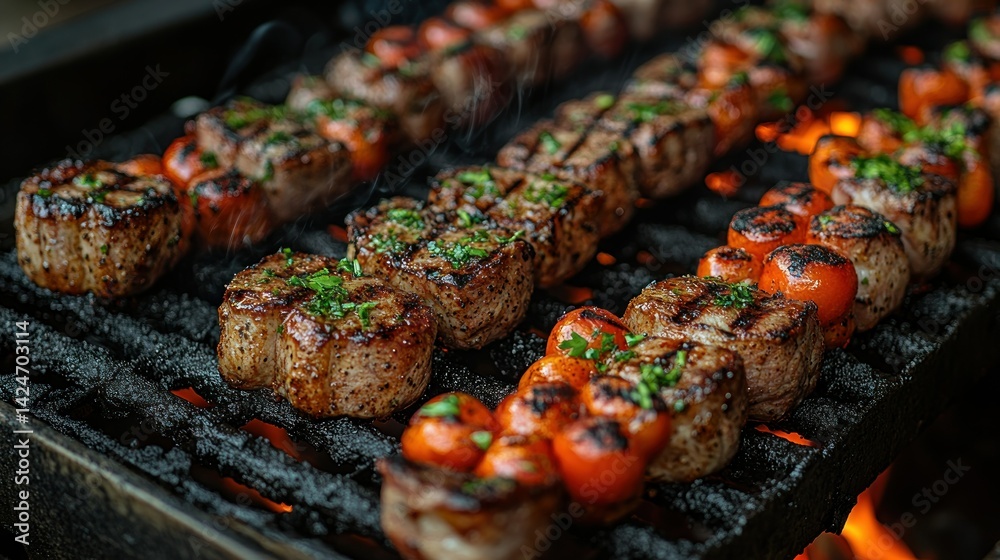 Grilled skewers with meat and cherry tomatoes Grilled skewers with meat and cherry tomatoes