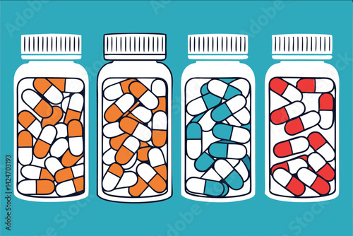 Hyper realistic photo, , colorful pills and capsules, white lids, pharmaceutical, medication, vitamins, supplements 