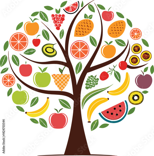Stylized fruit tree, colorful fruit collage, circular tree shape