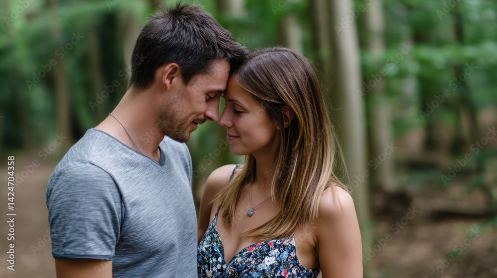 Obraz premium Romantic couple in a forest with foreheads touching, expressing love and tenderness in outdoor setting
