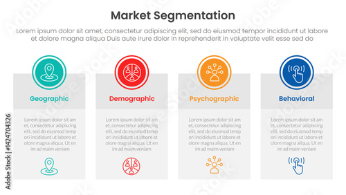 market segmentation framework analysis infographic 4 point stage template with big table box with circle badge on top for slide presentation