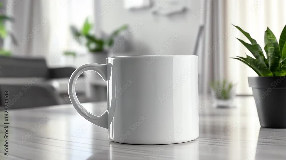 Simple Mug in Modern Interior: A blank, pristine white mug stands poised on a contemporary table, inviting a moment of quiet contemplation and relaxation in a bright, modern interior. Simple Mug in Modern Interior: A blank, pristine white mug stands poised on a contemporary table, inviting a moment of quiet contemplation and relaxation in a bright, modern interior.