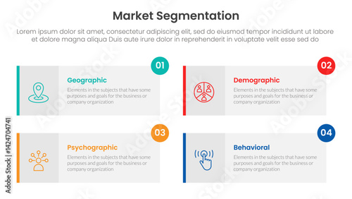 market segmentation framework analysis infographic 4 point stage template with long rectangle box symmetric circle badge for slide presentation