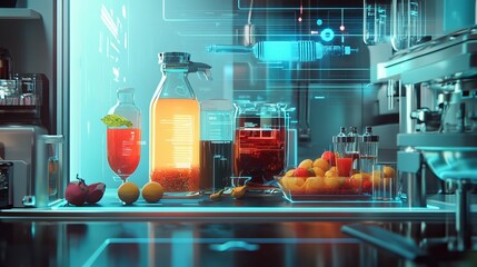 Futuristic kitchen with smart technology and colorful drinks red lab food fruit fresh clean style