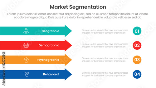 market segmentation framework analysis infographic 4 point stage template with rectangle arrow right direction vertical stack for slide presentation