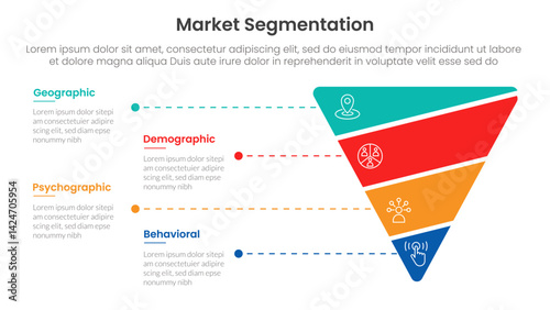 market segmentation framework analysis infographic 4 point stage template with funnel reverse pyramid shape slice for slide presentation