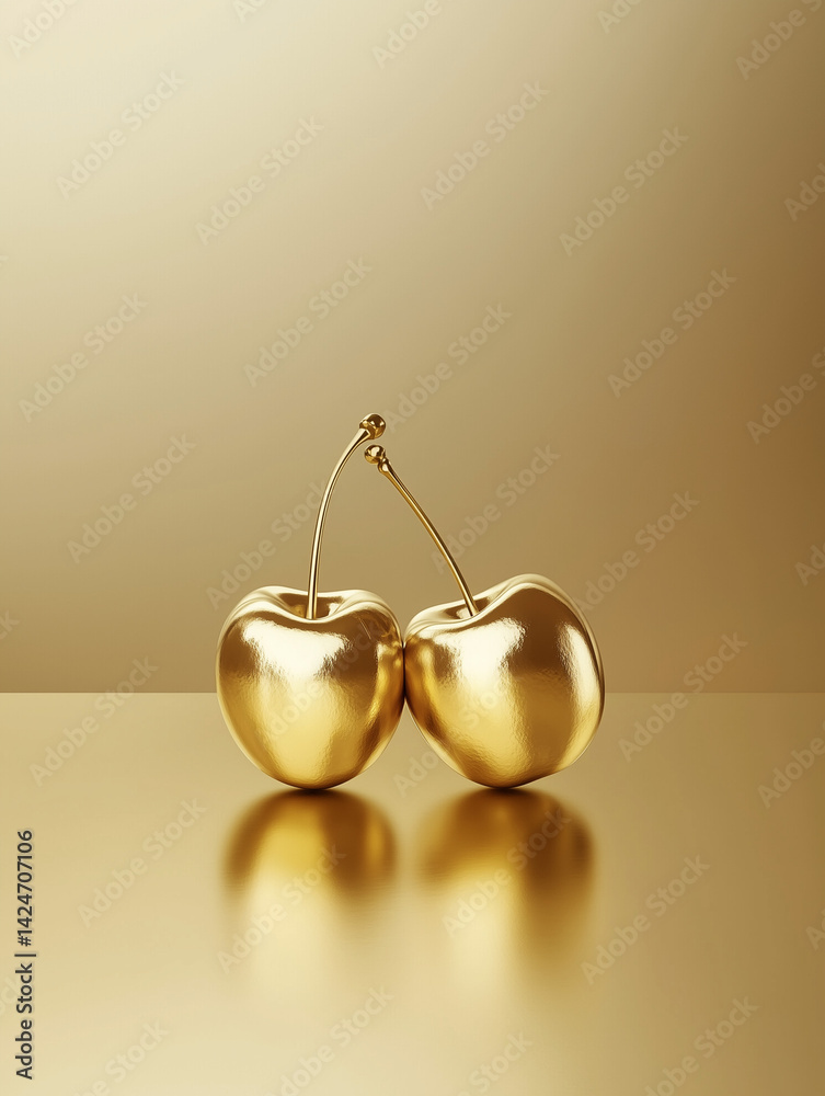 Two golden cherries resting on golden surface with matching background