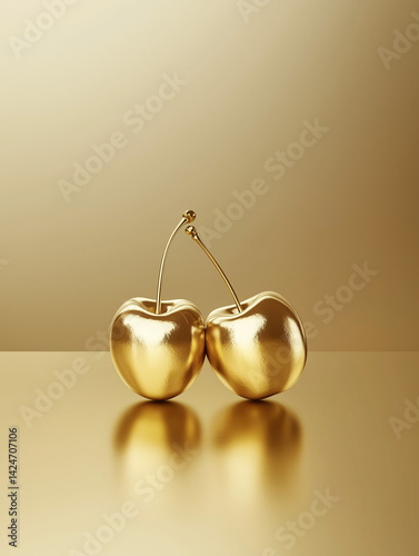 Obraz na płótnie Two golden cherries resting on golden surface with matching background w salonie