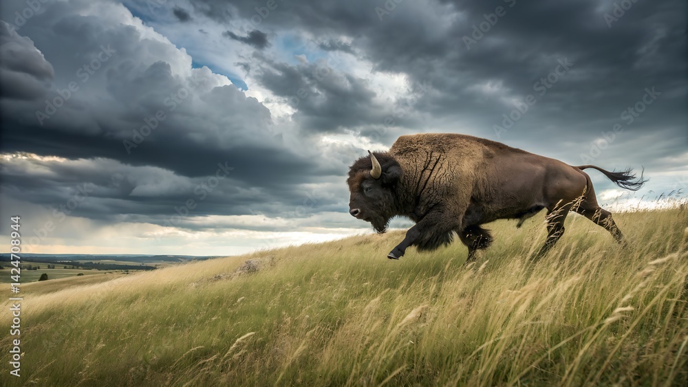 Fototapeta premium Powerful Bison Walking Through Misty Grassland in a Tranquil Wilderness Landscape 
