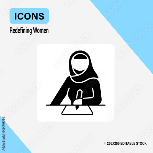 Woman in Hijab Writing: A simple yet powerful icon of a woman in a hijab, diligently writing, symbolizing empowerment and intellectual pursuit.