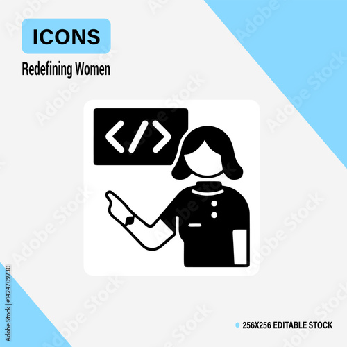 Women in Tech: A compelling visual, showcasing a woman in the tech field, she is an icon and is redefining woman with code symbol in a modern minimalist style.