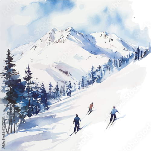 Snowy mountain landscape with skiers descending, watercolor illustration, isolated on a white background.


