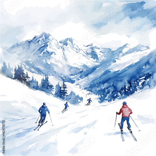 Snowy mountain landscape with skiers descending, watercolor illustration, isolated on a white background.

