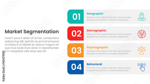 market segmentation framework analysis infographic 4 point stage template with round rectangle box on right layout for slide presentation