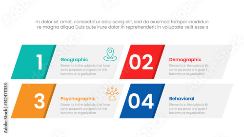 market segmentation framework analysis infographic 4 point stage template with skew rectangle box for slide presentation