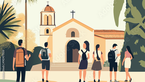 Tourists Visiting a Historic Church During a City Tour.eps