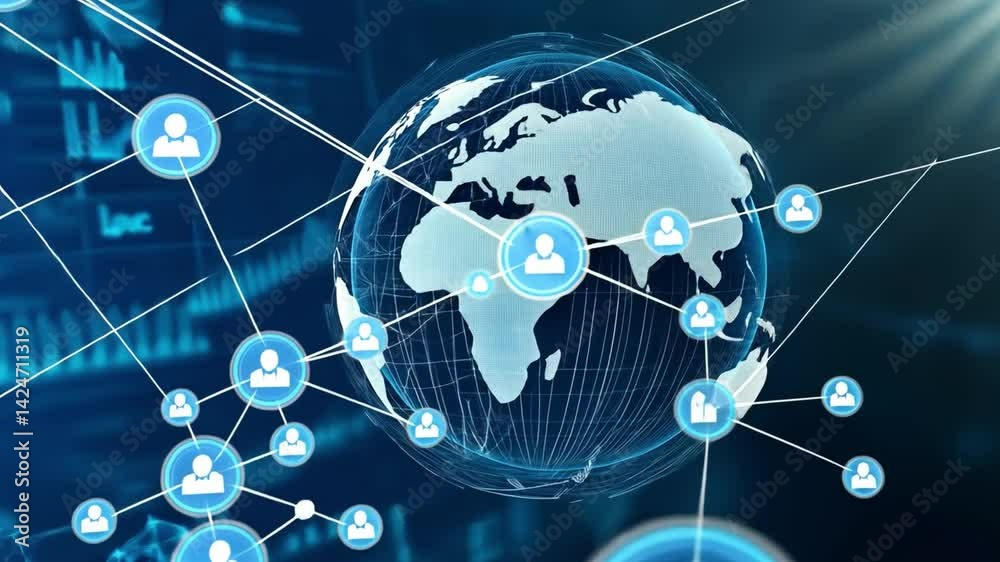 Global Network: A digital illustration showcasing a global network, with interconnected nodes representing people and data points around a world map, symbolizing connectivity and communication.