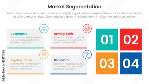 market segmentation framework analysis infographic 4 point stage template with rectangle box container and square shape for slide presentation